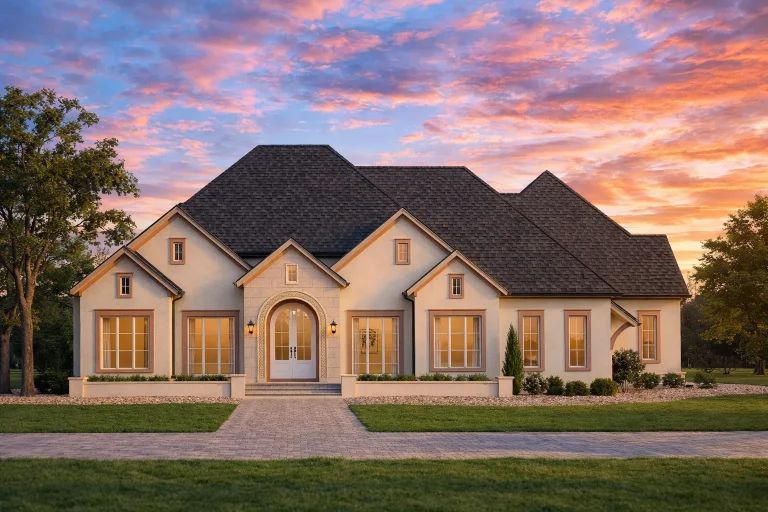 Front elevation of French Country style home with smooth stucco exterior, arched doorway, symmetrical windows, and manicured landscaping