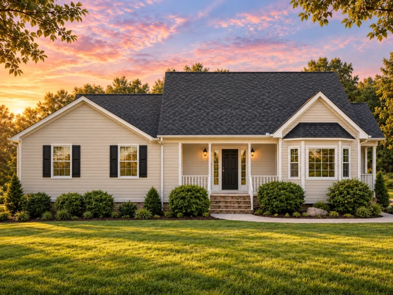 Front view of a Traditional Ranch style home featuring gray vinyl siding, black shutters, brick foundation, and a welcoming red front door