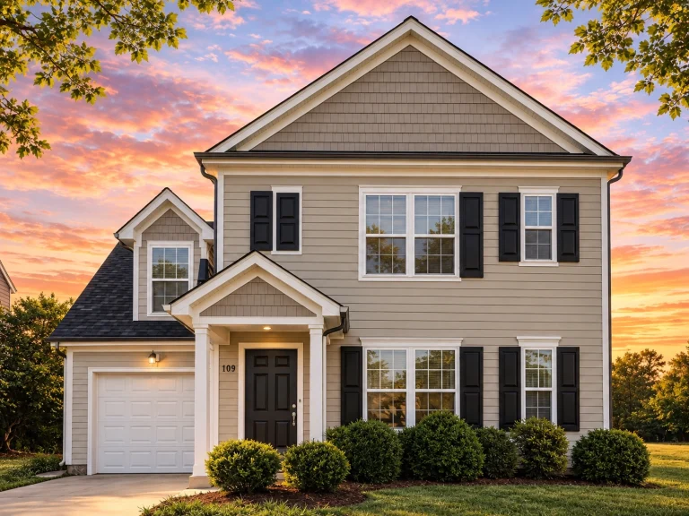 Front elevation of a Traditional Colonial style house with symmetrical windows, tan shutters, front porch entry, and attached single-car garage