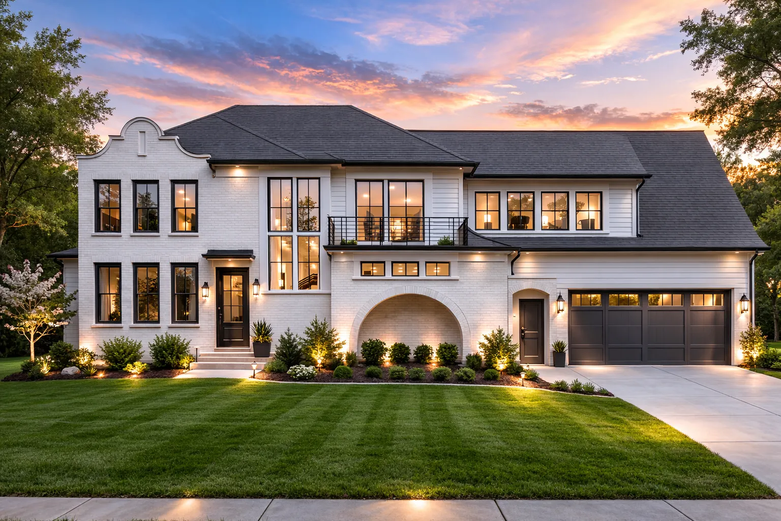 Front elevation of New American modern traditional home with painted brick exterior, arched entryway, black framed windows, and side-entry garage