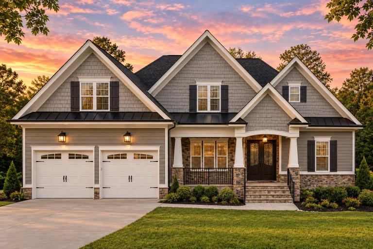Front exterior view of a Modern Farmhouse style home with white lap siding, stone accents, black metal roof details, and covered front porch