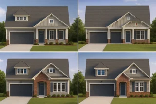 House Plans with Outdoor Kitchen 14 Front view of a Traditional Suburban Cape Cod style house featuring a balanced mix of stone wainscoting, lap siding, and shingle gable accents with a welcoming front porch and dormer window.