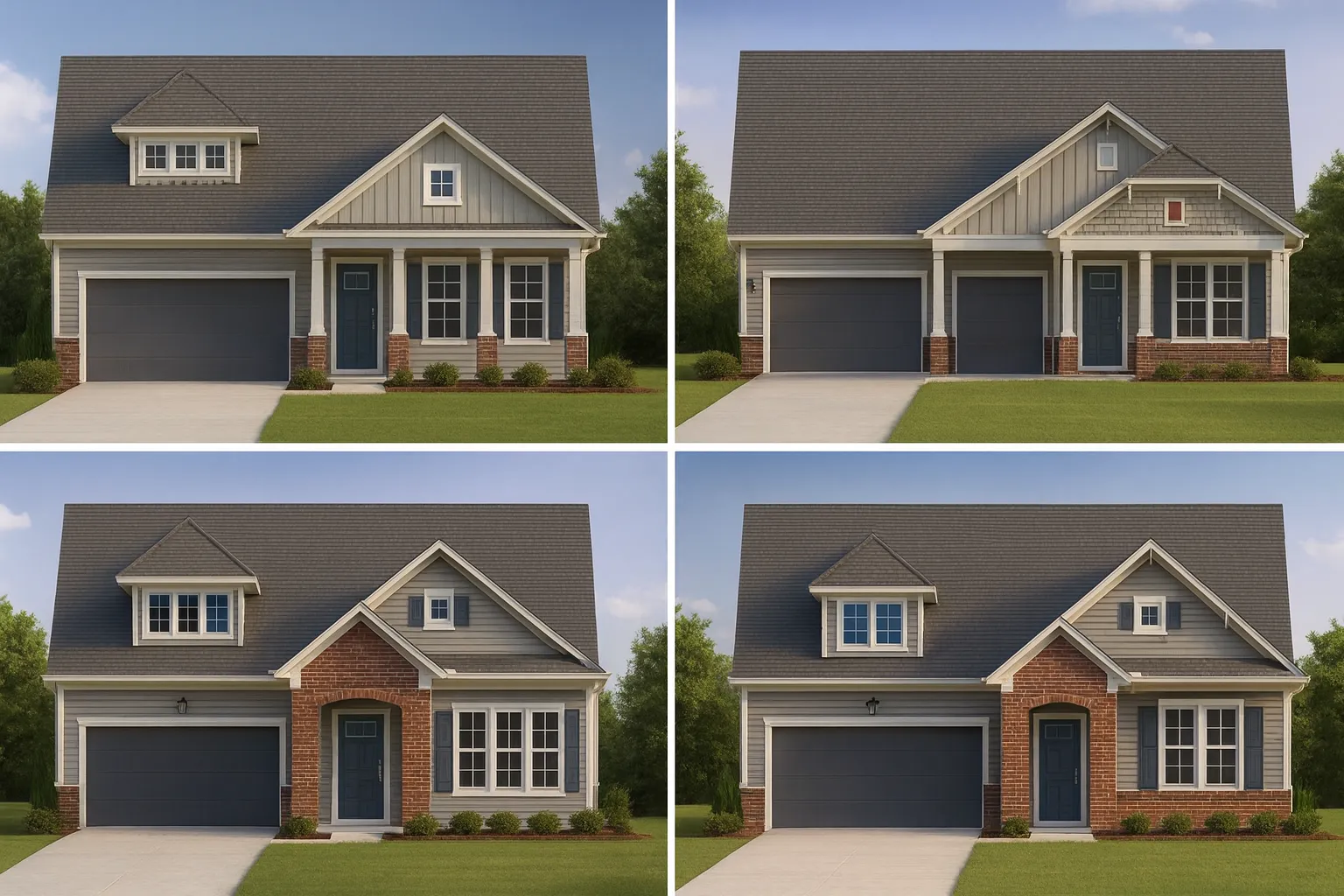 Front view of a Traditional Suburban Cape Cod style house featuring a balanced mix of stone wainscoting, lap siding, and shingle gable accents with a welcoming front porch and dormer window.