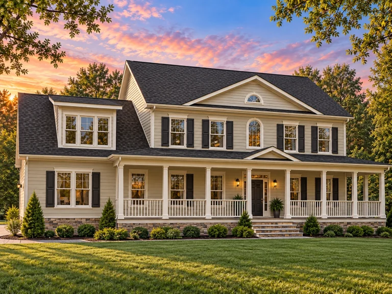 Front elevation of Colonial Revival style home with white clapboard siding, wraparound porch, and symmetrical two-story facade at sunset