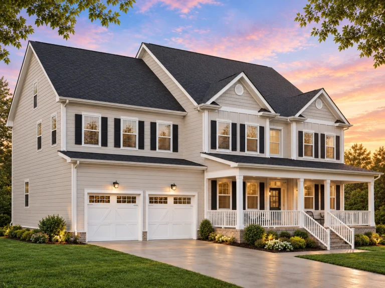 Front elevation of a Traditional Colonial style home with horizontal siding, centered entry, shutters, and double garage