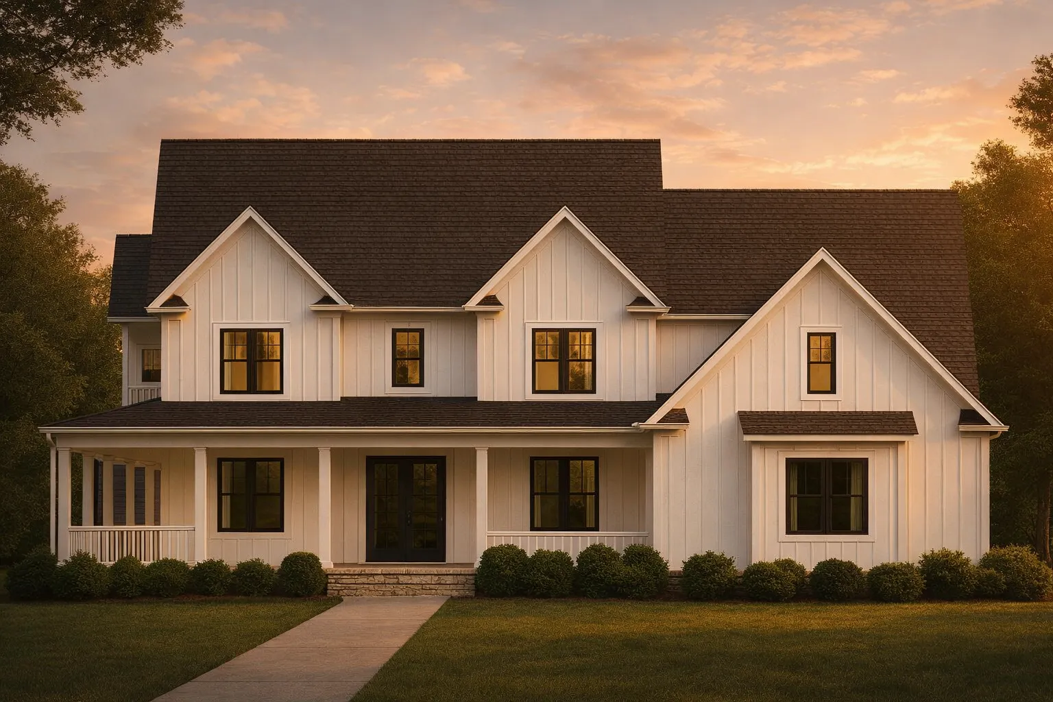 Front elevation of a Modern Farmhouse style home with white board and batten exterior, dark window trim, multiple gables, and a full-width covered front porch