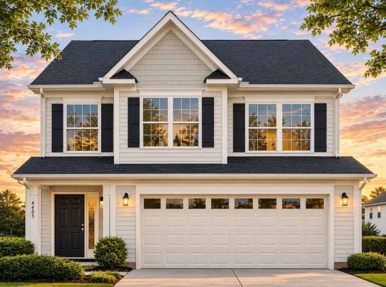 3 Bedroom House Plans 1 Front elevation of a Traditional Colonial style home featuring a balanced two-story design with horizontal siding, stone accents, and black shutters.