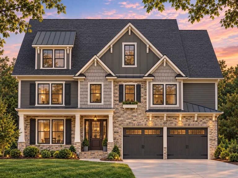 Front exterior of a New American Colonial Revival style house with board and batten siding, stone accents, symmetrical windows, and covered front porch