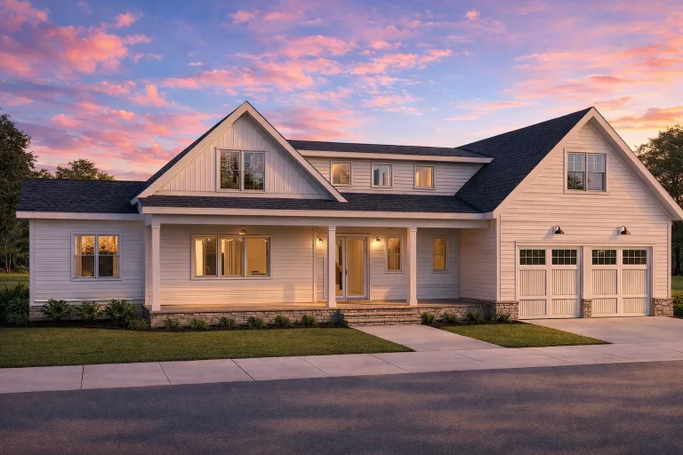 Front elevation of a modern farmhouse style home with white board and batten siding, covered porch, gabled rooflines, and attached two-car garage