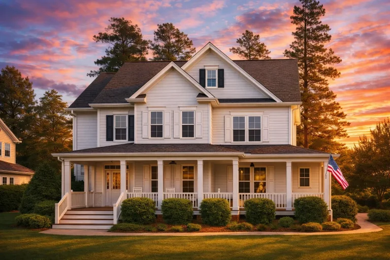 Front elevation of a Colonial Revival style home with white horizontal siding, symmetrical windows, gabled roof, and full-width covered front porch