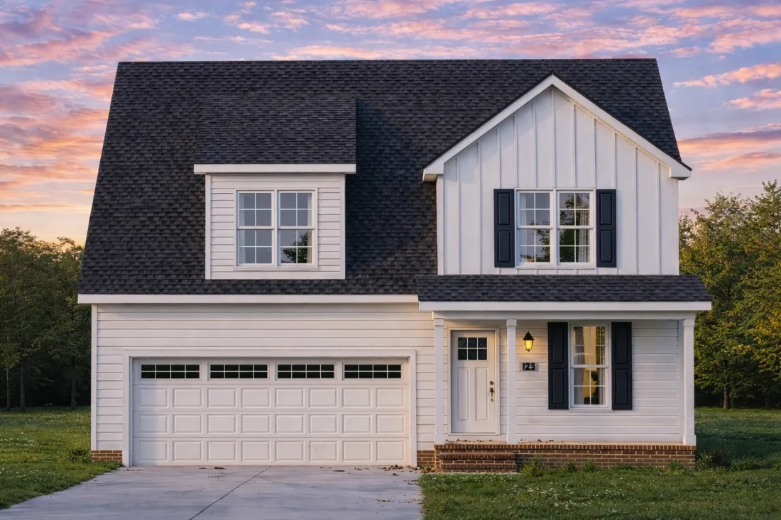 Front view of a Modern Farmhouse style home featuring a blend of horizontal lap and board and batten siding, dark trim accents, and a two-car garage.