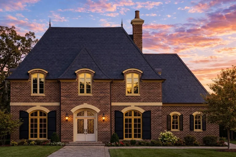 House Plans with Basement Garage 16 Front view of a French Provincial style home with a brick exterior, steep hip roof, and symmetrical façade featuring arched windows and classic detailing.