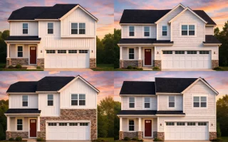 Front view of a New American Transitional style two-story home featuring beige horizontal siding, board and batten gable accents, and partial stone veneer base with black trim and garage doors