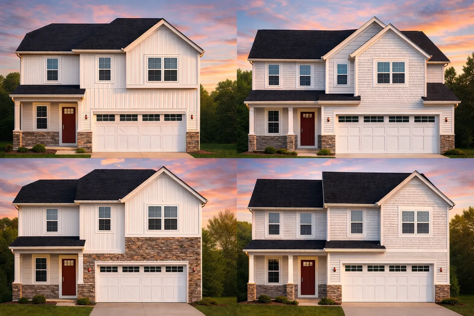 Front view of a New American Transitional style two-story home featuring beige horizontal siding, board and batten gable accents, and partial stone veneer base with black trim and garage doors