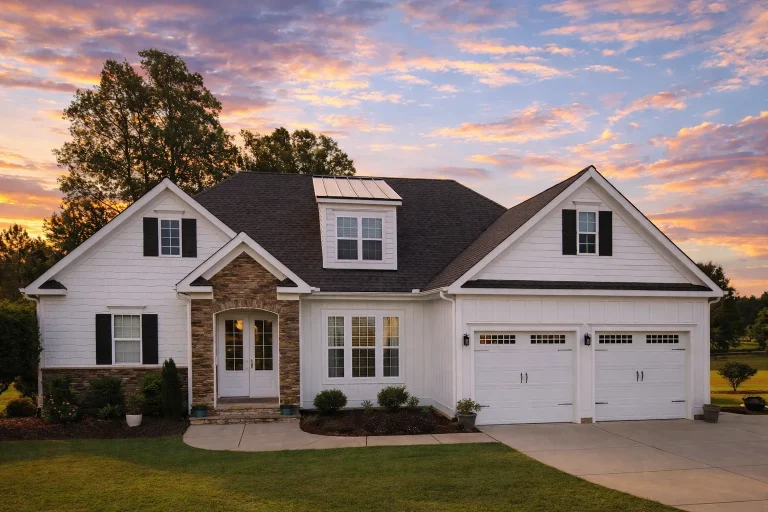 Front elevation of a New American traditional style home with horizontal siding, stone accents, and attached two-car garage