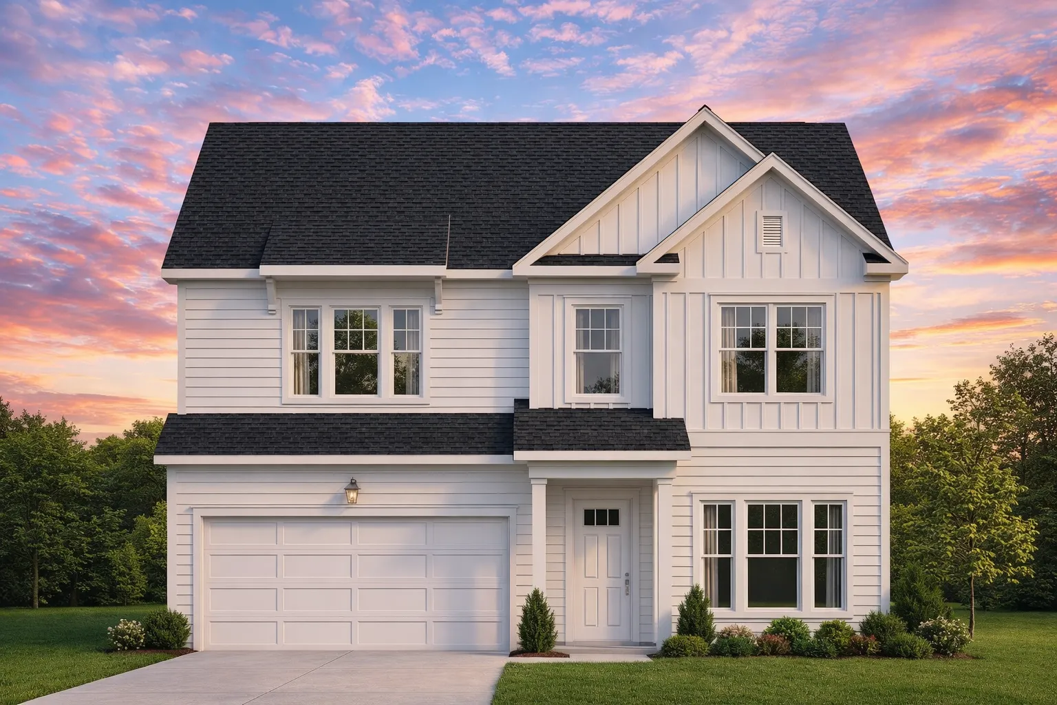 Front elevation of a New American style home with board and batten siding, brick accents, dark shutters, and attached garage