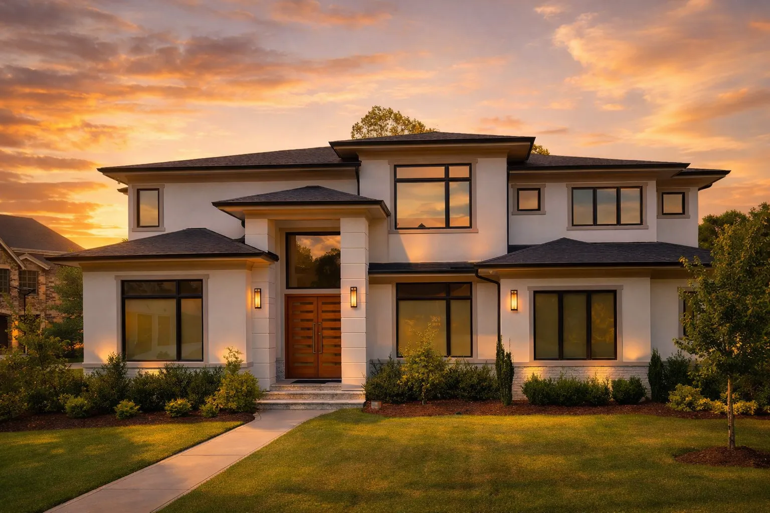 House Plans with Home Office 5 Front exterior view of a New American Modern Traditional house with smooth stucco, fiber cement siding, symmetrical windows, and landscaped lawn