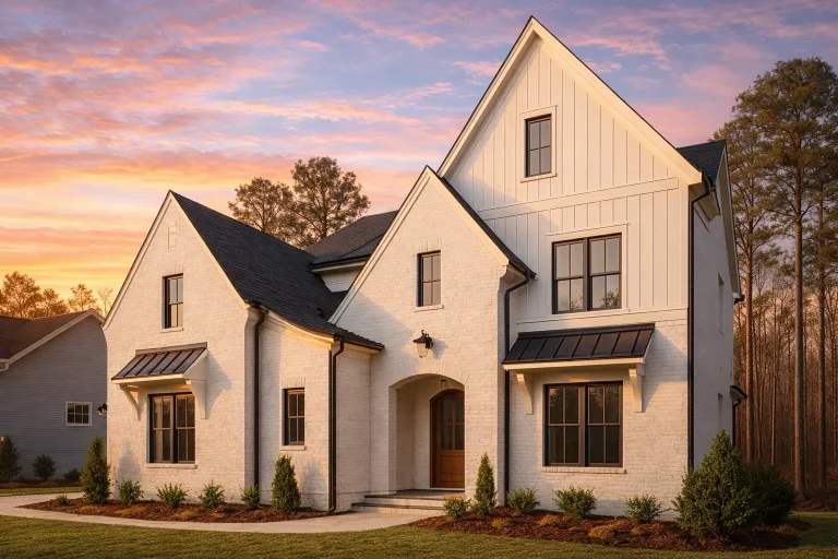 Front elevation of a New American modern traditional house with smooth stucco exterior, steep gables, metal window awnings, and arched entry