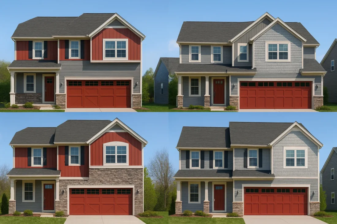 Front view of a New American Transitional style two-story home featuring beige horizontal siding, board and batten gable accents, and partial stone veneer base with black trim and garage doors