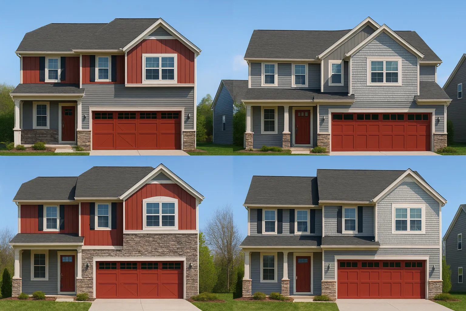 Front view of a New American Transitional style two-story home featuring beige horizontal siding, board and batten gable accents, and partial stone veneer base with black trim and garage doors