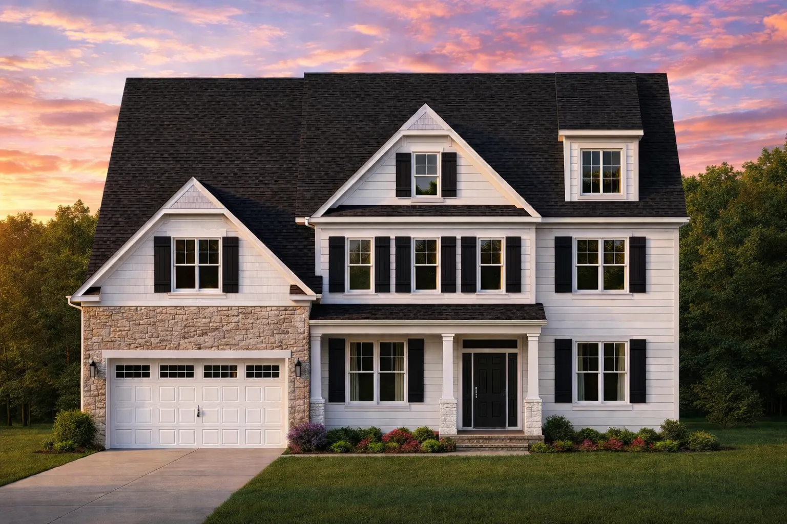 Front elevation of a New American modern traditional house with horizontal siding, stone accents, gabled rooflines, and covered porch