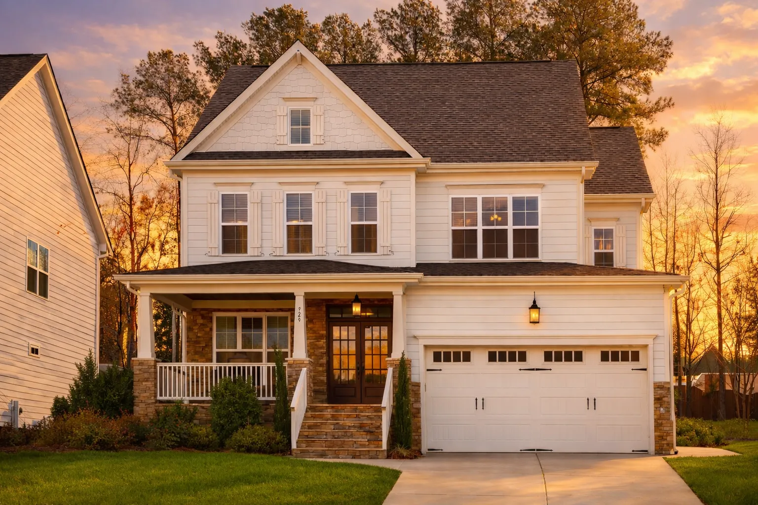 Front elevation of a Neo-Colonial style home with blue horizontal lap siding, white trim, symmetrical windows, covered porch, and attached two-car garage