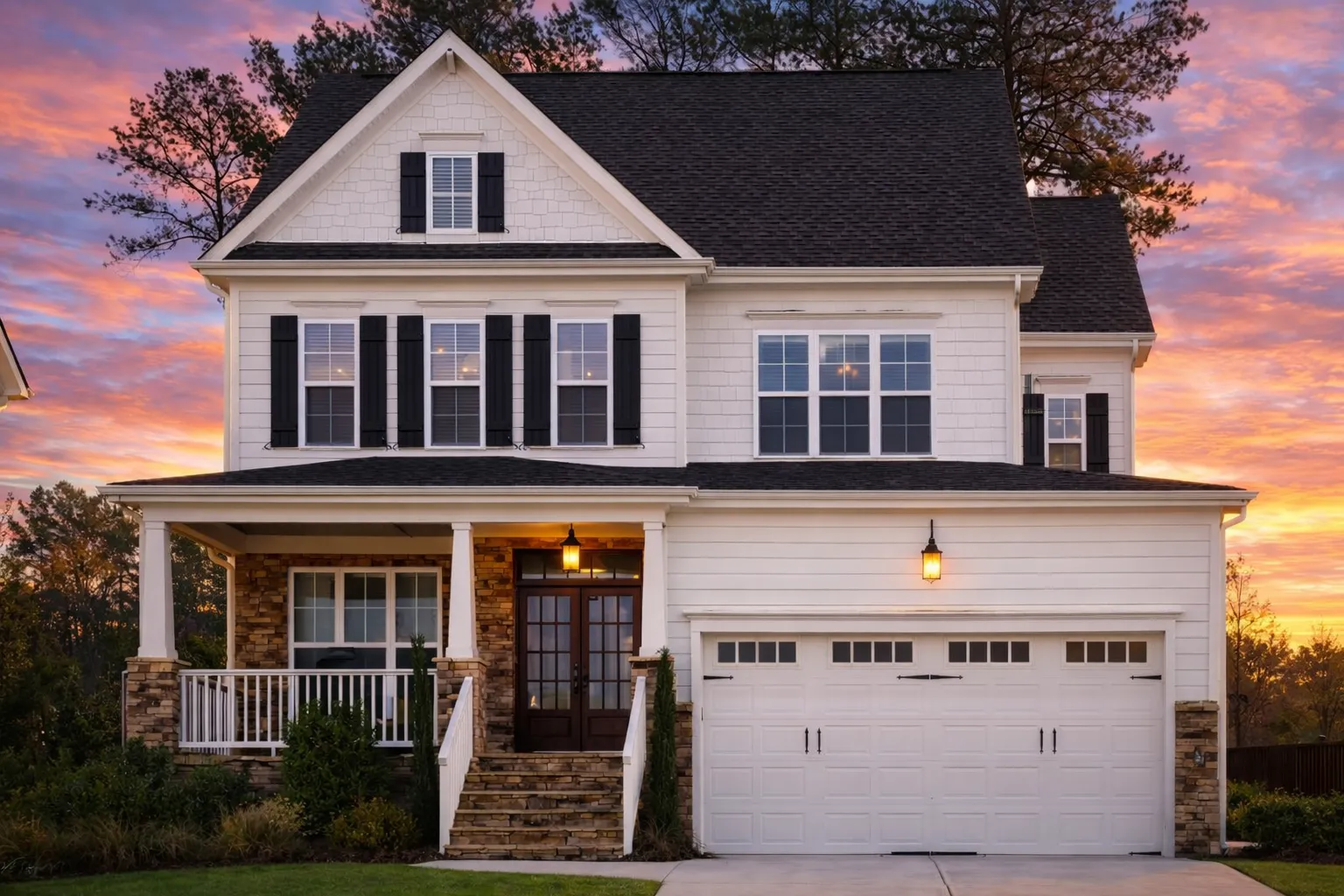 Front elevation of a Neo-Colonial style home with blue horizontal lap siding, white trim, symmetrical windows, covered porch, and attached two-car garage