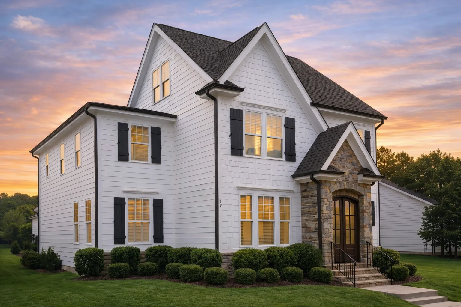 Front elevation of Traditional Colonial style home with horizontal lap siding, stone veneer entry, black shutters, and symmetrical two-story facade