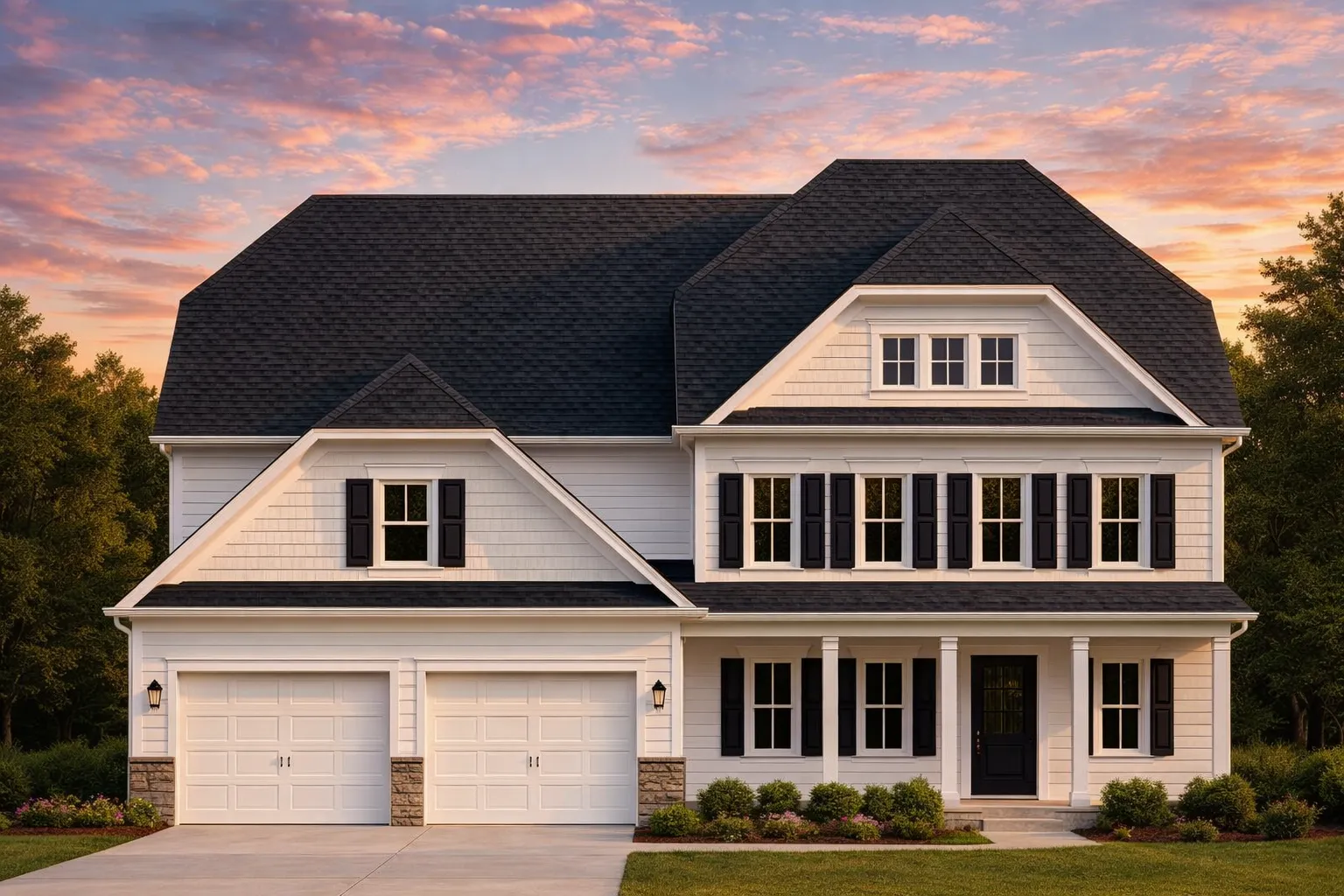 Front exterior of a New American Modern Traditional house with Colonial symmetry, lap siding, stone accents, and covered porch