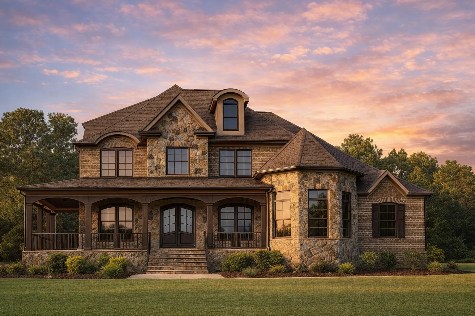 Front elevation of French Country style home with stone and brick exterior, arched entry, dormer windows, and steep hipped roof