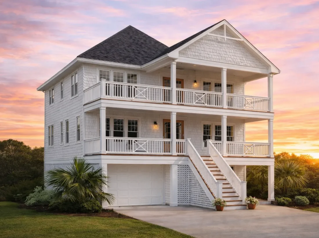 Three-story coastal beach house plan with Southern traditional charm, elevated foundation, double porches, and gray shingle siding.