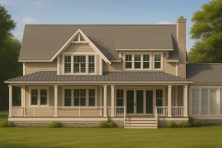 Front elevation of a Modern Farmhouse with horizontal siding, board-and-batten detailing, large covered porch, and symmetrical window arrangement