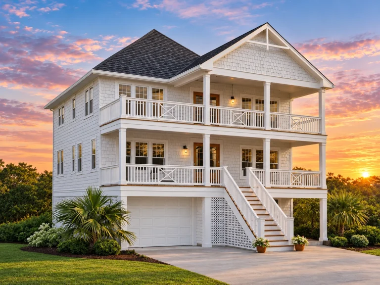 Georgian House Plans 4 Three-story coastal beach house plan with Southern traditional charm, elevated foundation, double porches, and gray shingle siding.