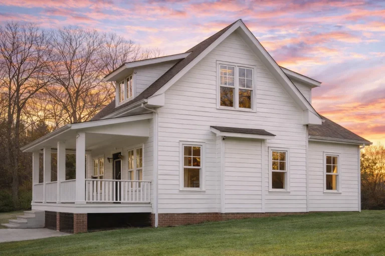Front exterior of a Cape Cod style coastal cottage home featuring lap siding, symmetrical façade, gabled roof, and inviting covered front porch