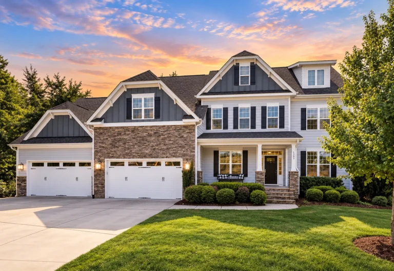 Front elevation of a New American modern traditional house with horizontal siding, stone accents, gabled rooflines, and covered porch