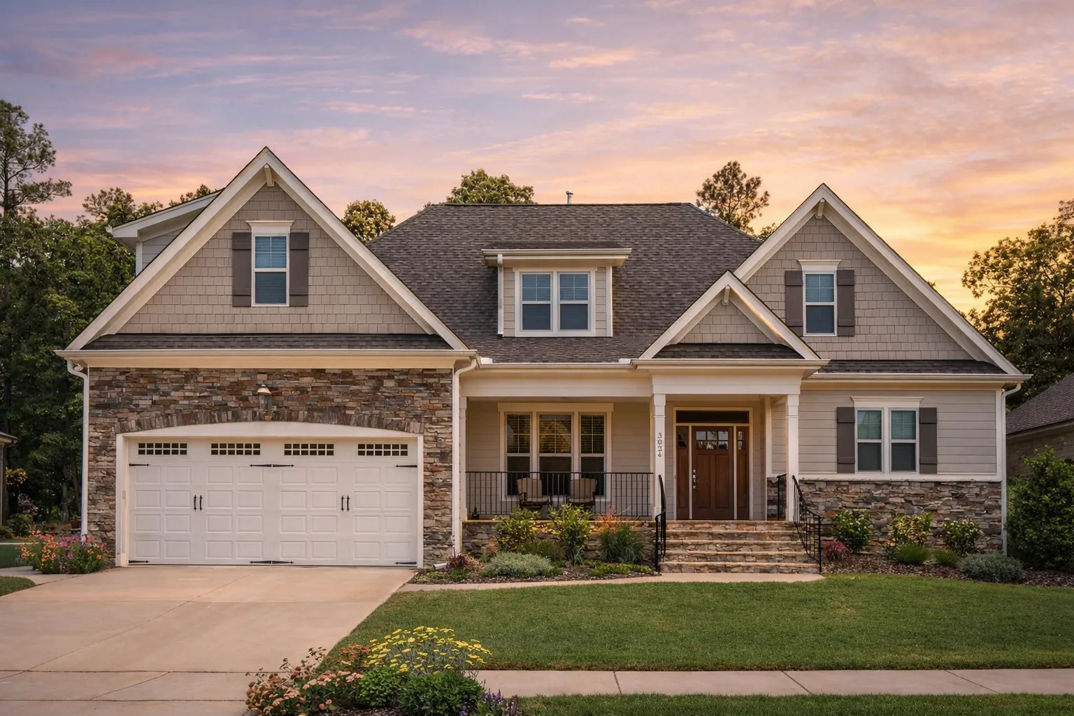 Front elevation of a New American Craftsman style home featuring stone veneer, horizontal siding, gabled rooflines, and a covered front porch