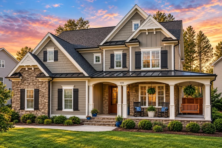Modern Farmhouse House Plans 7 Traditional Craftsman two-story house plan with gabled roof, stone accents, and covered front porch