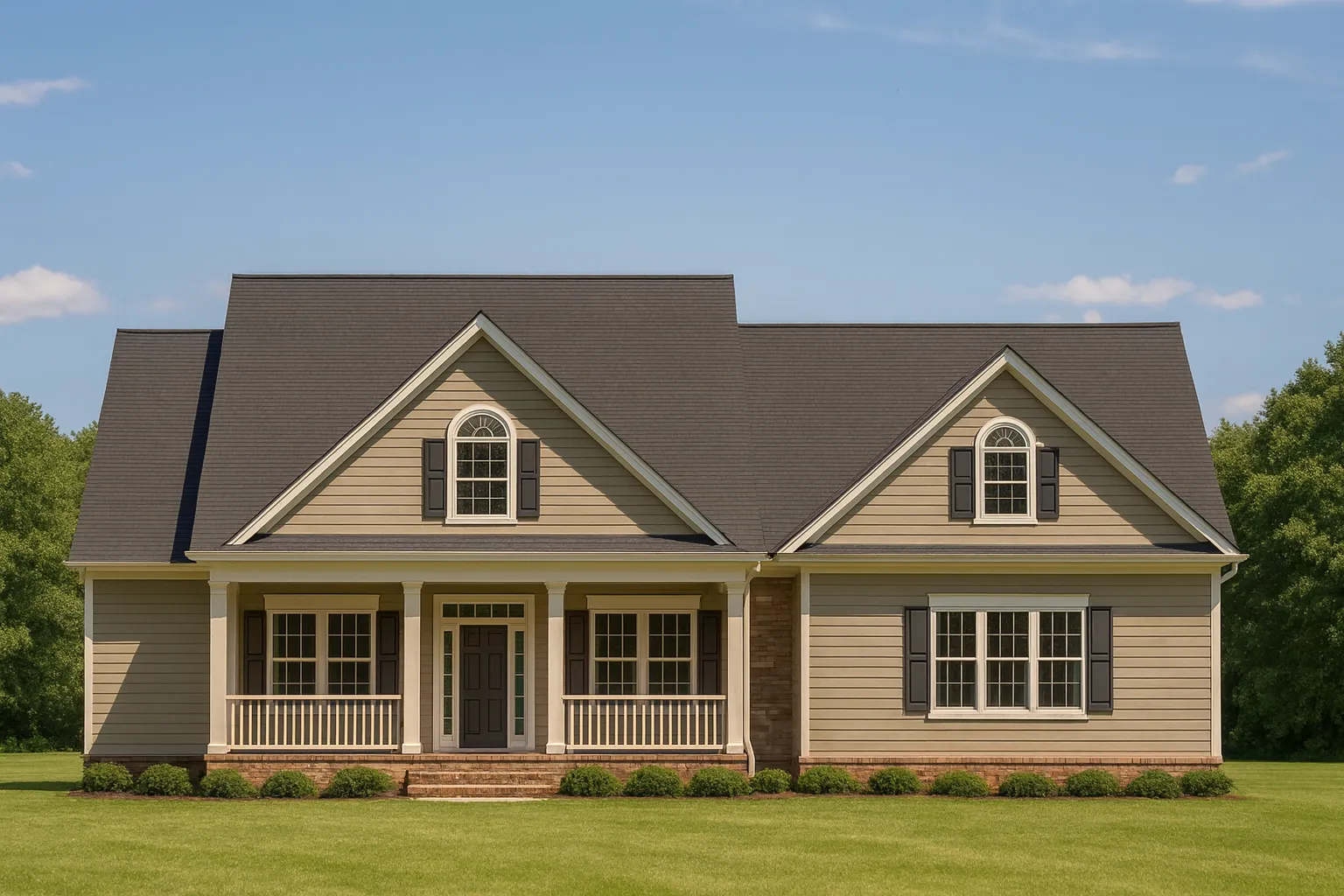 Classical House Plans 7 Front view of a Traditional Ranch home with Cape Cod influence featuring horizontal lap siding, gabled rooflines, and a welcoming covered front porch