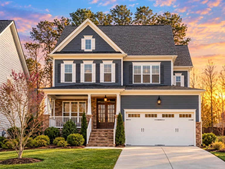 Front elevation of a Neo-Colonial style home with blue horizontal lap siding, white trim, symmetrical windows, covered porch, and attached two-car garage