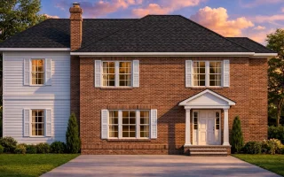Front elevation of a Colonial-style two-story home featuring a classic red brick and white siding exterior with black shutters and a gabled portico entry
