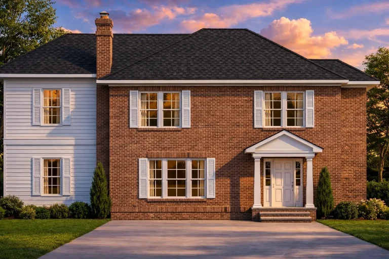 Front elevation of a Colonial-style two-story home featuring a classic red brick and white siding exterior with black shutters and a gabled portico entry