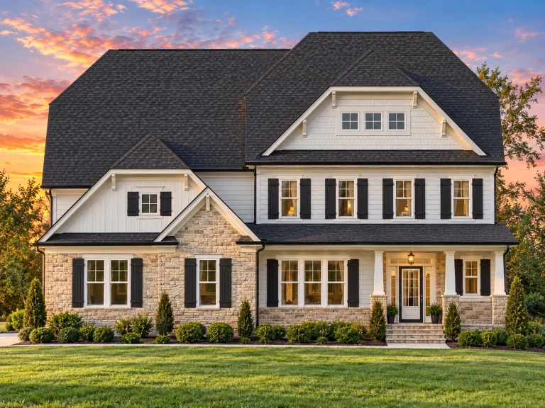 Front exterior of a New American Modern Traditional house with Colonial symmetry, lap siding, stone accents, and covered porch