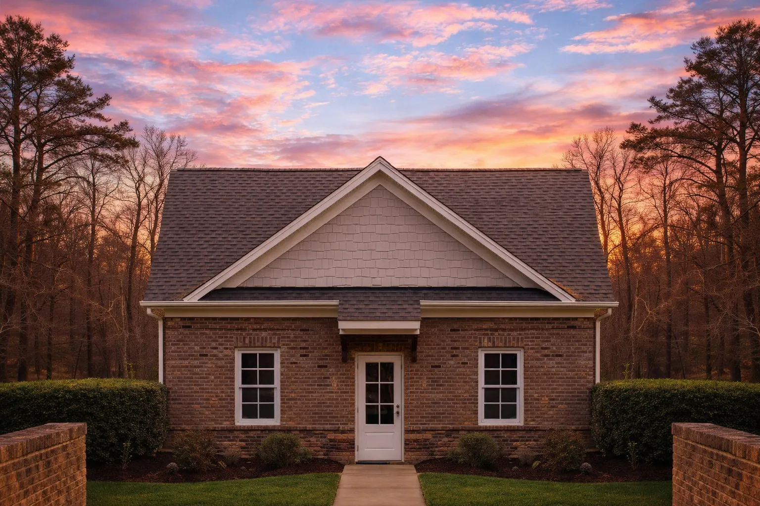 Traditional Colonial style carriage house with brick exterior, gabled roof, upper siding, and front-entry garage elevation