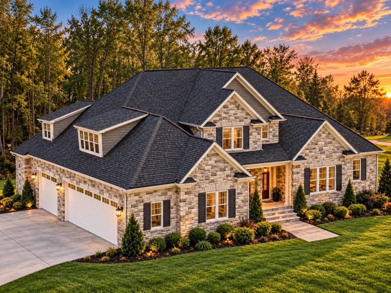 Front elevation of a New American / Modern Traditional house with horizontal lap siding, stone veneer accents, and a welcoming covered porch