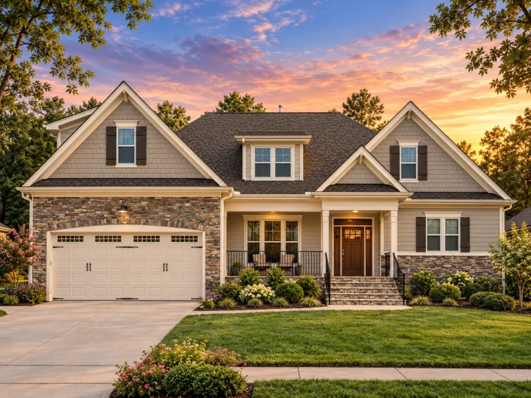 Front elevation of a New American Craftsman style home featuring stone veneer, horizontal siding, gabled rooflines, and a covered front porch