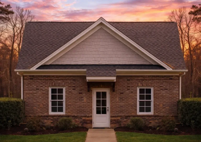 Traditional Colonial style carriage house with brick exterior, gabled roof, upper siding, and front-entry garage elevation