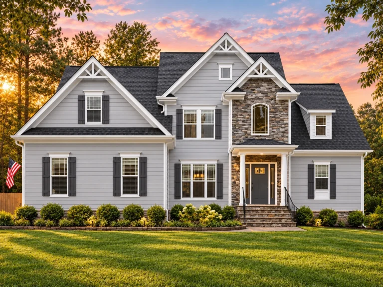 Front elevation of a New American style home with horizontal siding, stone veneer entry, gabled rooflines, and symmetrical traditional detailing