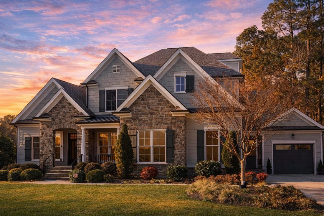 Front elevation of New American Traditional style home with stone accents, horizontal siding, gabled rooflines, and manicured landscaping