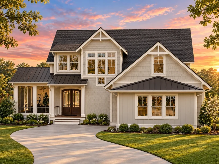 Front elevation of a Modern Farmhouse with horizontal siding, board-and-batten detailing, large covered porch, and symmetrical window arrangement