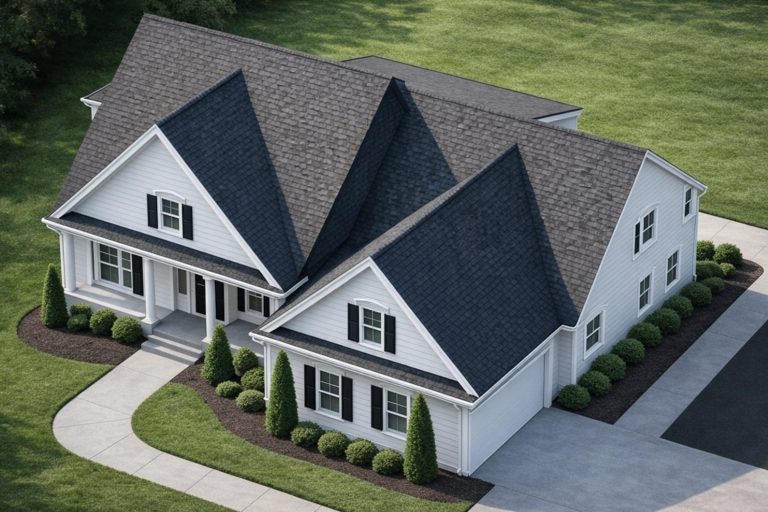 Front elevation of a New American Traditional house featuring Colonial Revival symmetry, horizontal lap siding, dormers, and a covered front porch